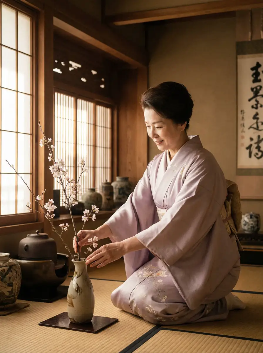 一位优雅的 开yun体育平台 在和室中插花